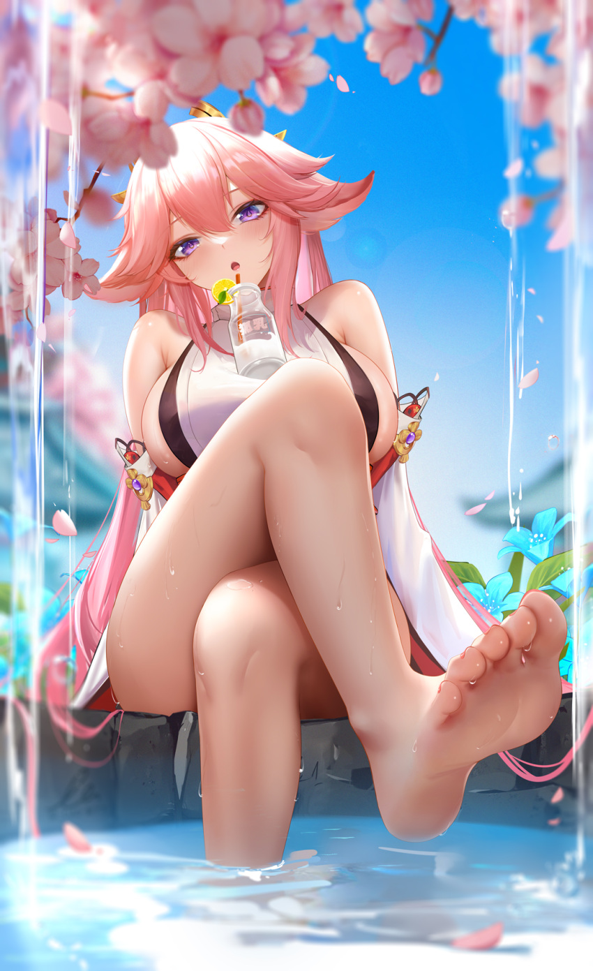 1girl :o animal_ears bangs bare_legs bare_shoulders barefoot blue_flower blue_sky blurry blurry_background bottle breasts bubble_tea_challenge cherry_blossoms crossed_legs day depth_of_field detached_sleeves drink drinking_straw falling_petals feet floppy_ears flower food foot_focus fox_ears from_below fruit genshin_impact hair_between_eyes hair_ornament highres large_breasts leaf legs lemon lemon_slice liu_liaoliao long_hair long_sleeves looking_at_viewer nontraditional_miko object_on_breast outdoors parted_lips petals pink_hair purple_eyes rock shirt sideboob sidelocks sitting sky sleeveless sleeveless_shirt soaking_feet soles solo thighs toes very_long_hair water waterfall wet white_shirt white_sleeves yae_miko