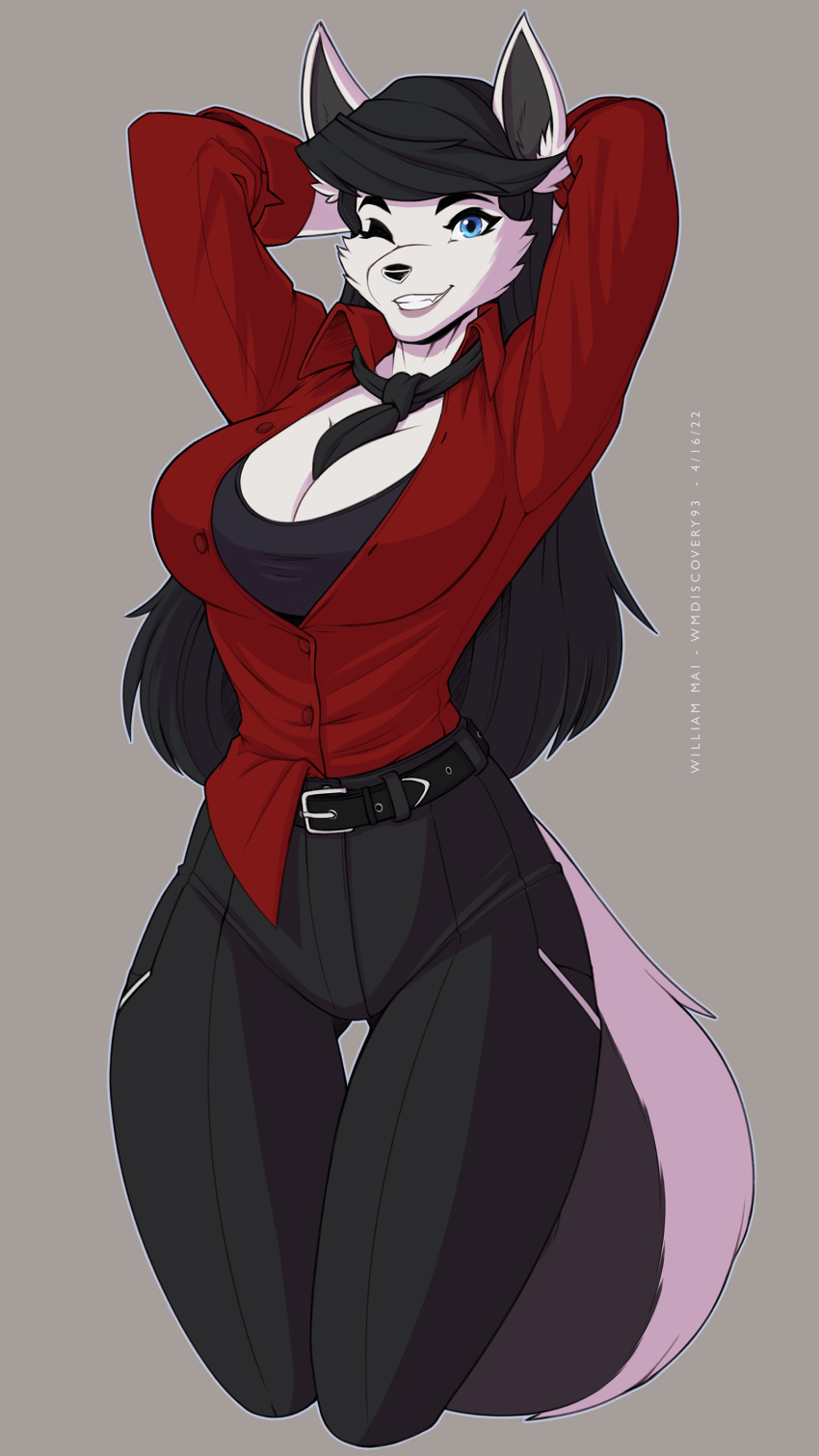 absurd_res anthro belt black_hair bottomwear breasts canid canine canis cleavage clothed clothing female fur gwynneth_mai hair hands_behind_head hi_res mammal necktie one_eye_closed pants pose smile white_body white_fur wink wmdiscovery93 wolf
