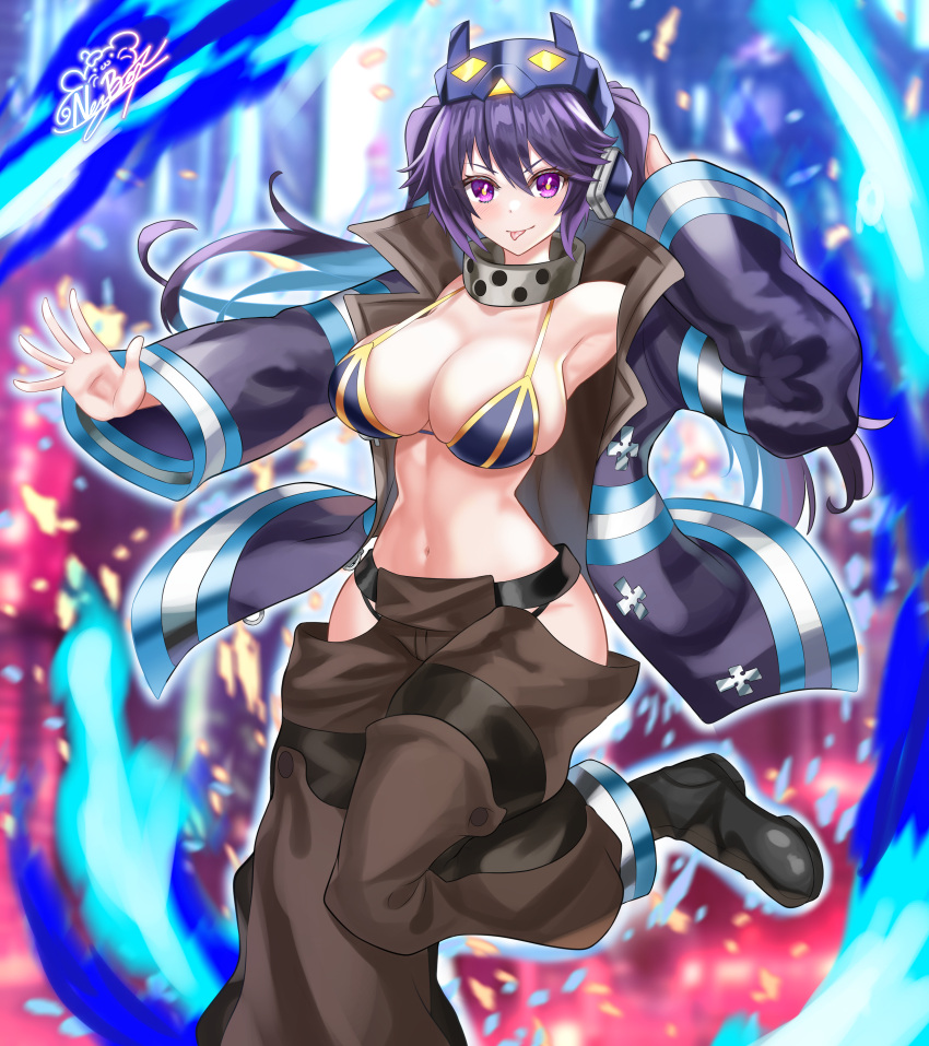 1girl :p absurdres adapted_costume arm_up armpits baggy_pants bangs bare_shoulders bikini bikini_top_only black_bikini black_coat black_footwear blue_fire blush boots breasts cat_mask cleavage coat collarbone commentary commission cosplay duel_monster en'en_no_shouboutai fiery_tail fire firefighter_jacket grey_pants groin hair_between_eyes highres hip_vent i:p_masquerena jacket large_breasts long_hair looking_at_viewer mask mask_on_head navel nez-box off_shoulder open_clothes open_coat pants roller_skates sidelocks signature skates smile solo standing standing_on_one_leg stomach swimsuit tail tamaki_kotatsu tamaki_kotatsu_(cosplay) tongue tongue_out twintails yu-gi-oh!