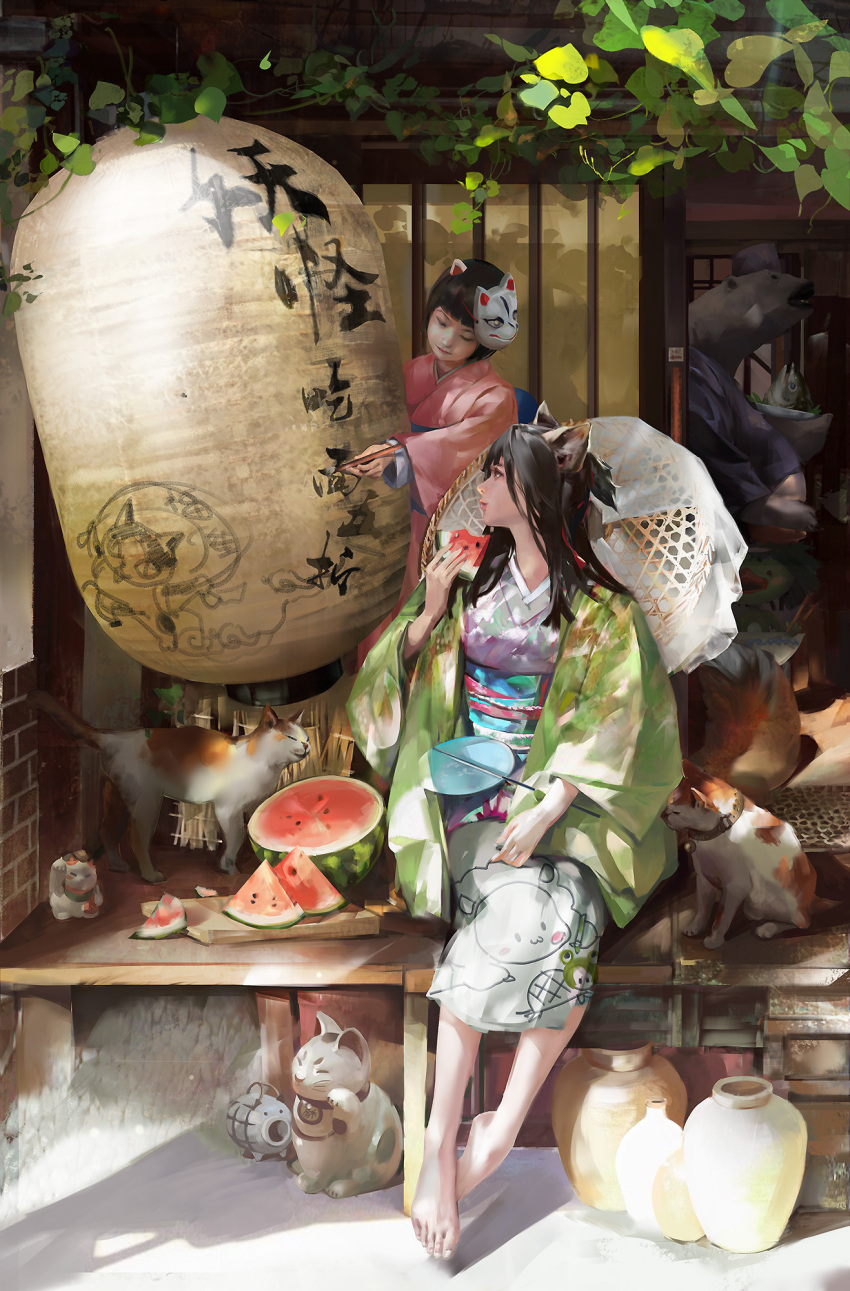 2girls animal_ears barefoot bear black_hair bob_cut calligraphy_brush cat female_child food fox_mask fruit half_updo hand_fan haori highres holding holding_food japanese_clothes kayari_buta kimono lantern long_hair looking_back maneki-neko mask mask_on_head multiple_girls original oversized_object paintbrush paper_fan paper_lantern porch print_kimono profile short_hair sitting uchiwa vase veranda vikiye watermelon yukata