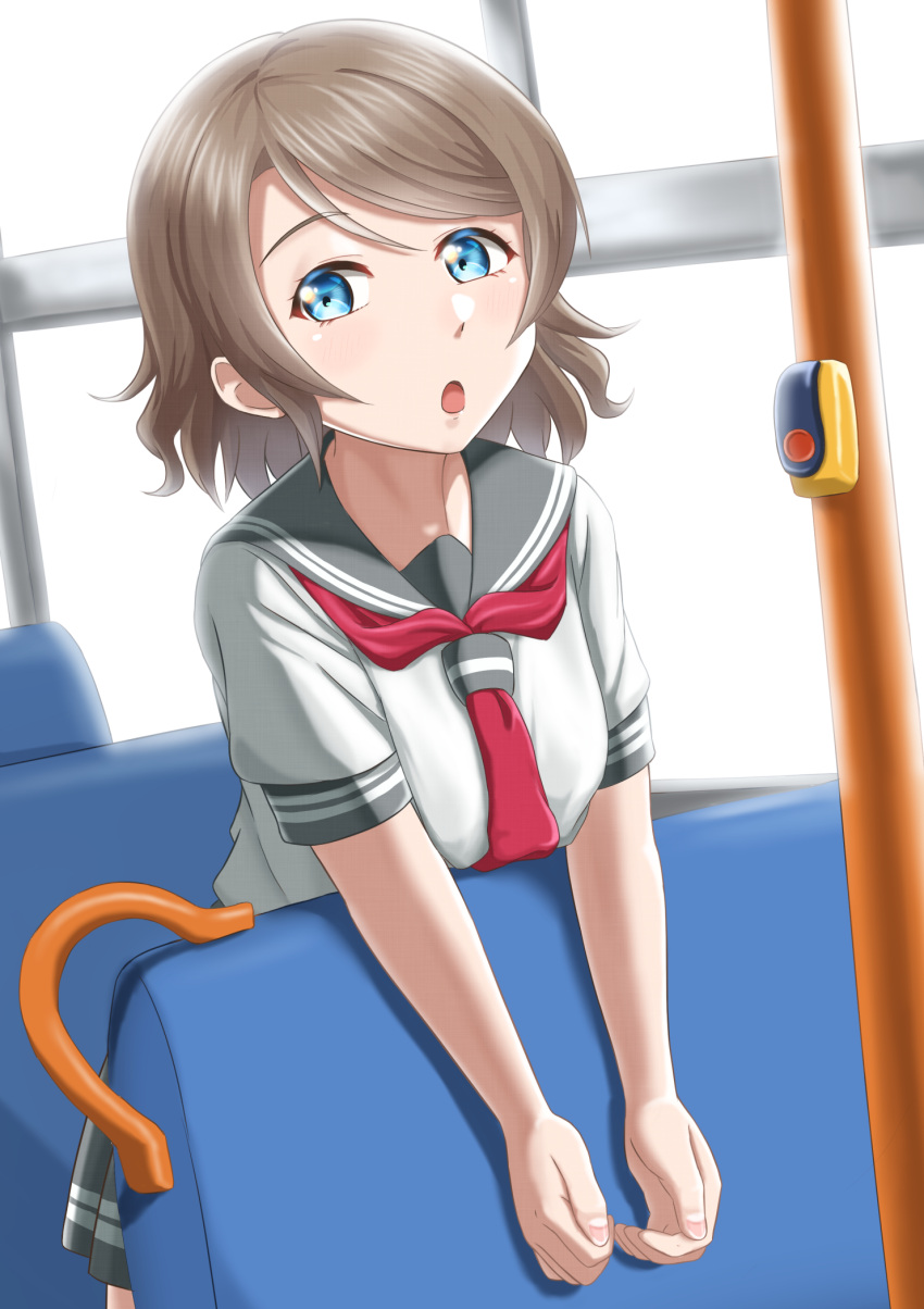 1girl :o bangs blue_eyes brown_hair bus_interior commentary grey_sailor_collar highres leaning_on_object light_blush looking_at_viewer love_live! love_live!_sunshine!! medium_hair midori_mushi neckerchief open_mouth red_neckerchief sailor_collar school_uniform seat shirt short_sleeves single_bang solo standing summer_uniform swept_bangs uranohoshi_school_uniform watanabe_you white_shirt