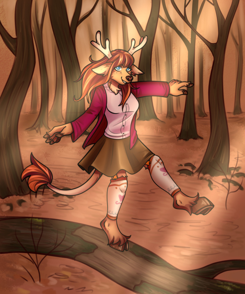 anthro autumn cervid female forest hi_res kiri-anko mammal plant solo tree woodland ych