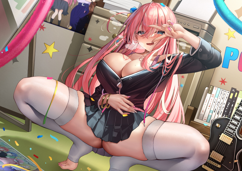 1girl azur_lane bocchi_the_rock! breasts bremerton_(azur_lane) bremerton_(azur_lane)_(cosplay) bremerton_(relaxation_consultation)_(azur_lane) cleavage cosplay gotou_hitori highres large_breasts looking_at_viewer meion no_shoes pink_hair soles solo toeless_legwear