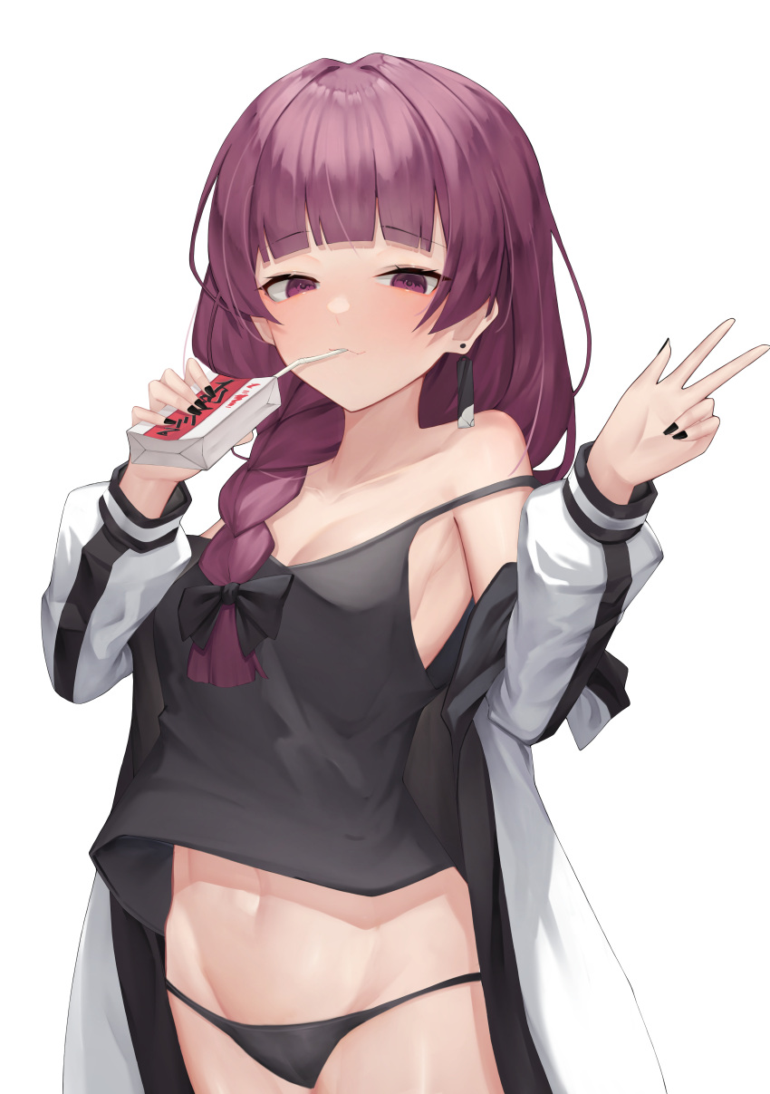 1girl absurdres aoria bangs black_bow black_camisole black_nails black_panties blunt_bangs bocchi_the_rock! bow breasts camisole cleavage closed_mouth collarbone drinking drinking_straw earrings fingernails hair_bow hair_over_shoulder highres hiroi_kikuri holding_carton jacket jewelry juice_box long_hair looking_at_viewer low-braided_long_hair nail_polish navel panties red_eyes red_hair simple_background solo underwear v white_background white_jacket