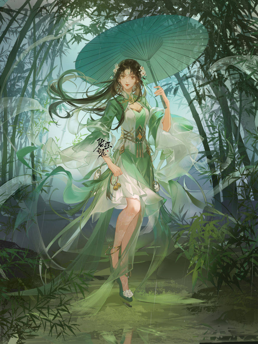 1girl absurdres anklet artist_request baiguio_(zhu_xian) bamboo bamboo_forest bare_legs bell brown_hair dress earrings facial_mark flower forehead_mark forest full_body green_dress hair_flower hair_ornament hair_ribbon highres holding holding_umbrella jewelry long_hair long_sleeves nature rain reflection ribbon second-party_source smile solo umbrella zhu_xian