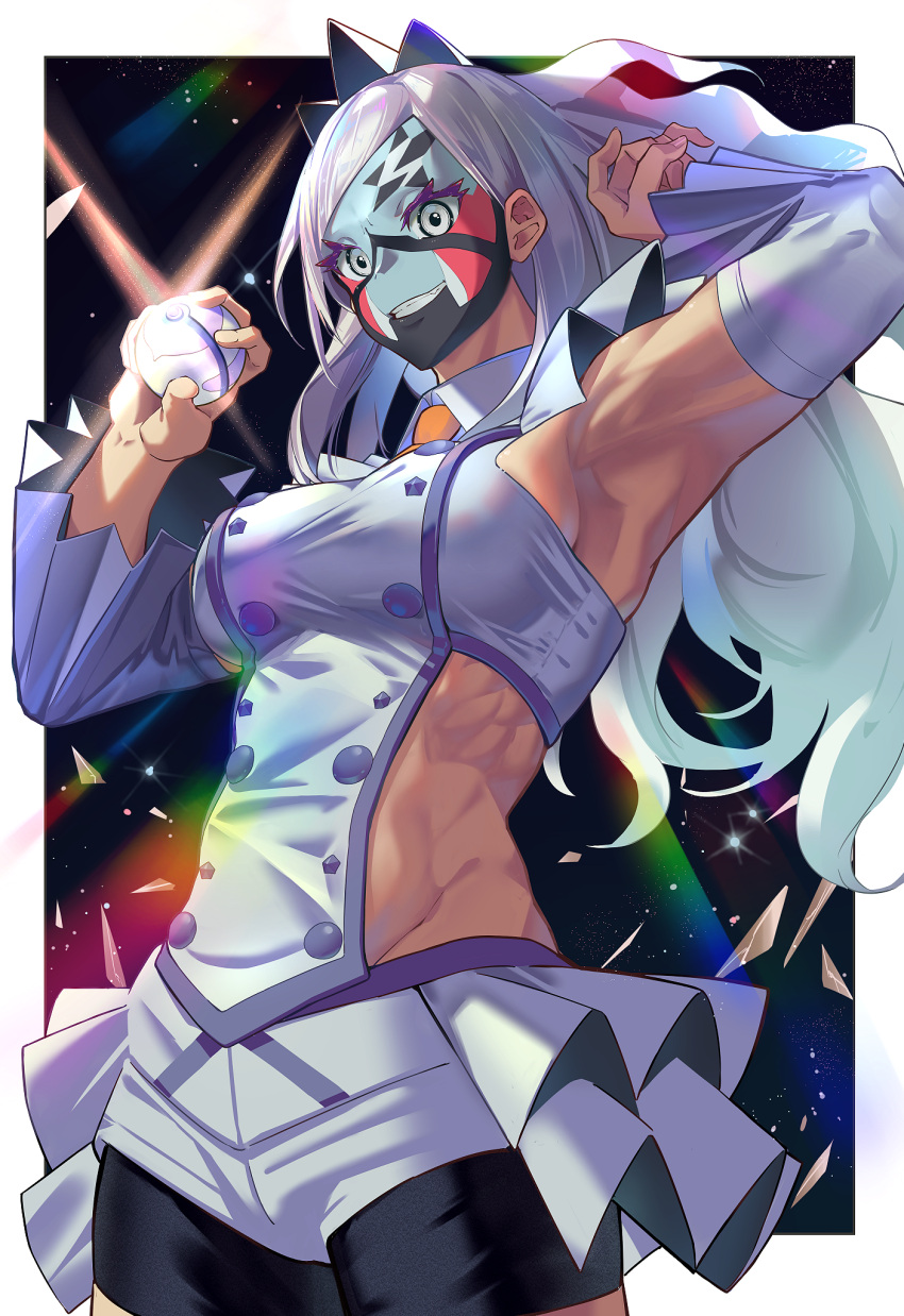 1girl abs armpits bike_shorts bike_shorts_under_shorts breasts buttons commentary_request detached_sleeves double-breasted eri_(pokemon) eyelashes facepaint grin hands_up haska_(user_gure4787) heal_ball highres hip_vent holding holding_poke_ball long_hair looking_down poke_ball pokemon pokemon_(game) pokemon_sv shorts smile solo team_star teeth toned vest