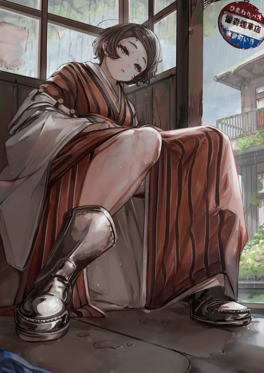 1girl absurdres black_hair boots breasts bus_stop grey_eyes highres japanese_clothes kimono original parted_lips rain short_hair sitting soleil_(soleilmtfbwy03) solo wet