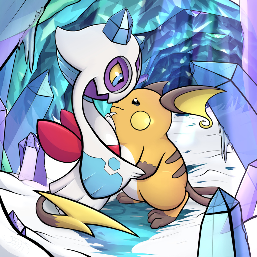 2022 ambiguous_gender anthro cave crystal detailed_background duo finger_on_chin froslass generation_1_pokemon generation_4_pokemon hand_holding hi_res ice ice_cave jellli light light_beam looking_at_another nintendo pokemon pokemon_(species) raichu shaded snow tail_around_partner video_games