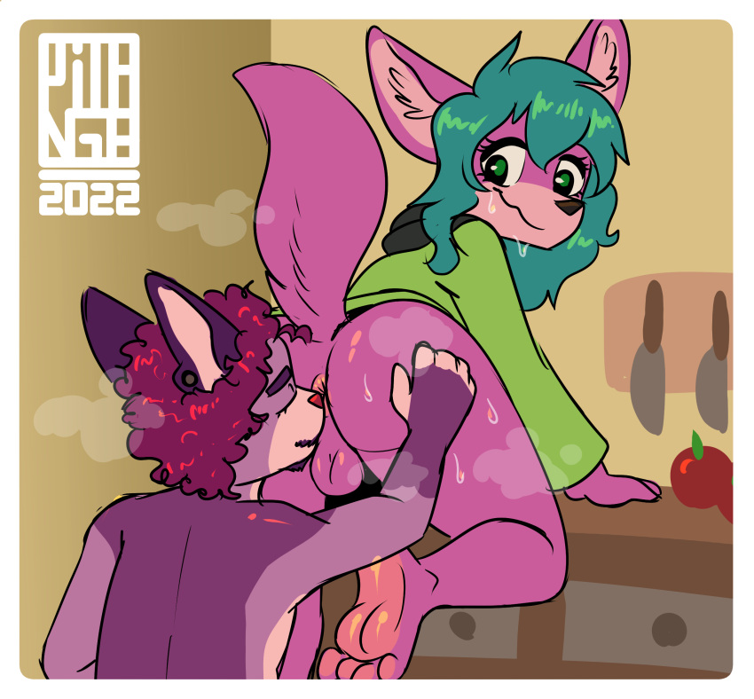 anthro apple balls blue_hair blush bodily_fluids butt_sniffing canid canine clothing duo feet fennec fox gatogenerico gene(generico) genitals girly hair hi_res kitchen knife litho_sandoval male male/male mammal musk piercing pink_body purple_body red_hair sniffing sweat tagme