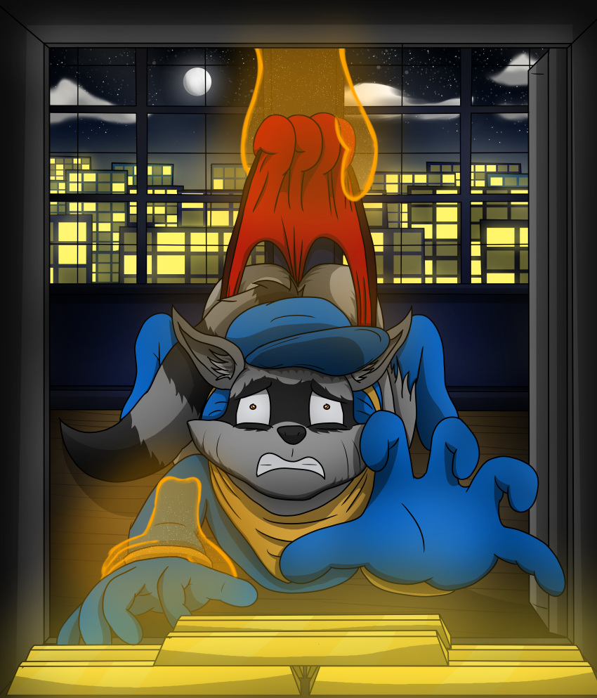 absurd_res anthro bandanna boots briefs clenched_teeth clothing cloves footwear gold_bar hat headgear headwear hi_res jacket kerchief looking_at_viewer magic magic_hands male mammal pain procyonid raccoon sly_cooper sly_cooper_(series) solo sony_corporation sony_interactive_entertainment sucker_punch_productions tacomytaco teeth topwear underwear video_games wedgie