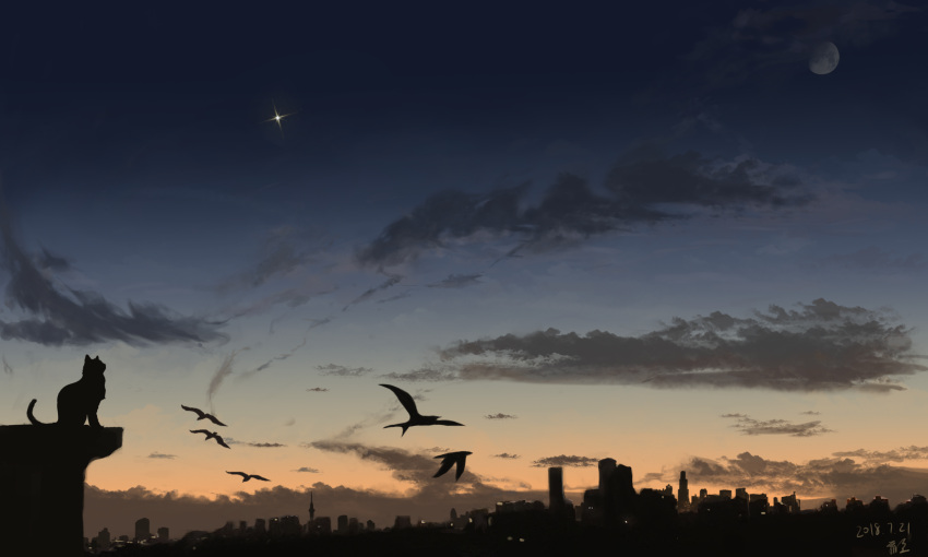 2018 animal bird blue_sky cat chinese_commentary city_lights cityscape cliff cloud cloudy_sky dark_clouds dated evening flying gradient_sky highres landscape mixed-language_commentary moon multicolored_sky no_humans orange_sky original scenery shuang_zhi signature silhouette sitting sky star_(sky) sunset twilight wide_shot