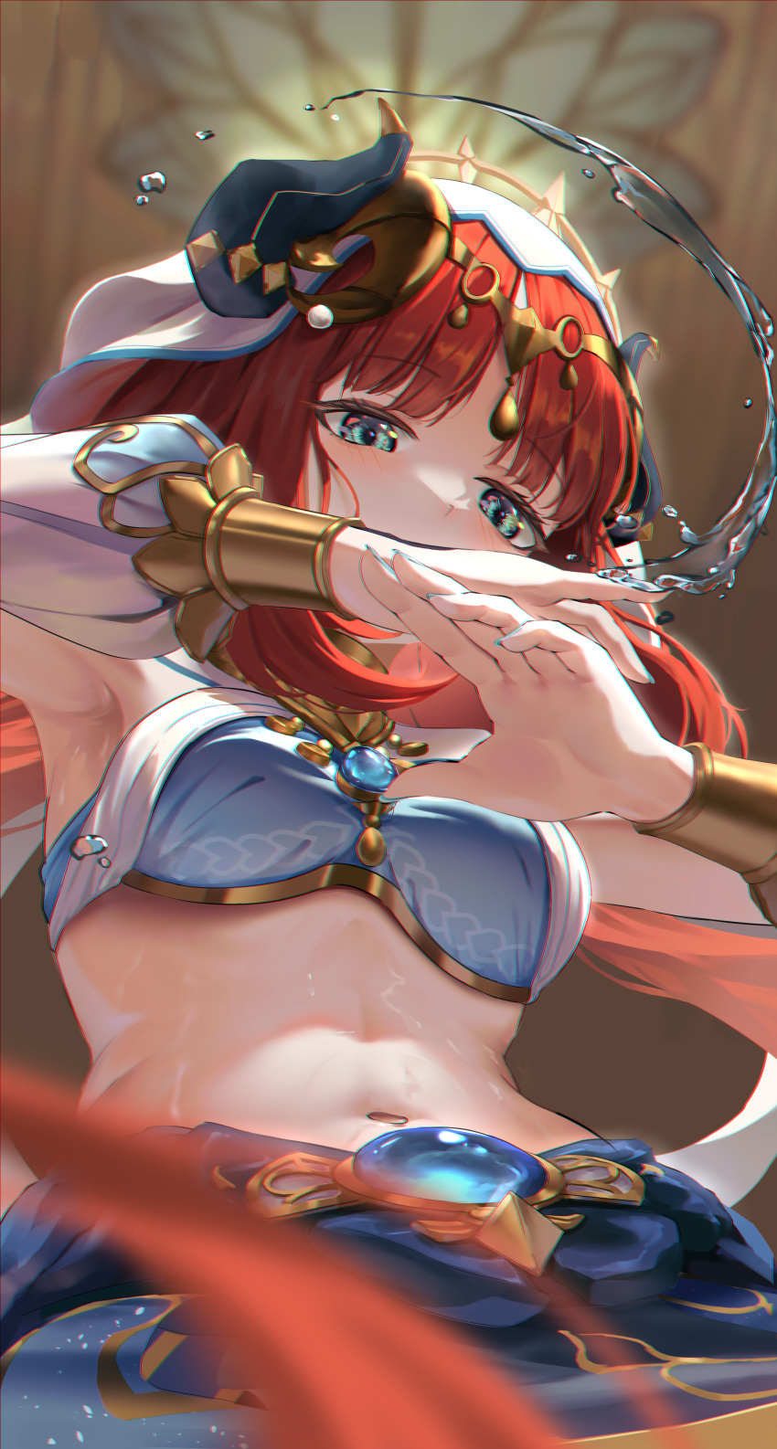 absurdres aqua_eyes armpits bangs blue_nails blurry blurry_background blurry_foreground breasts brooch circlet fake_horns forehead_jewel from_below genshin_impact gold_choker harem_outfit highres horns jewelry long_hair looking_at_viewer medium_breasts navel nilou_(genshin_impact) parted_bangs red_hair sprygon twintails veil water white_headdress x_arms