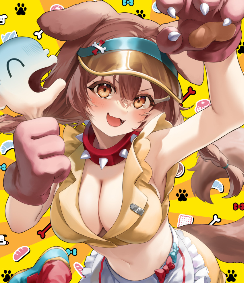 1girl :d animal_ears animal_hands apron arm_up bangs blush breasts brown_eyes brown_hair cleavage collar crop_top dog_ears dog_tail doggy_god's_street fangs gloves hair_between_eyes highres holding hololive inugami_korone kito_koruta large_breasts listener_(inugami_korone) long_hair looking_at_viewer navel paw_gloves smile solo spiked_collar spikes tail twintails virtual_youtuber visor_cap waist_apron white_apron