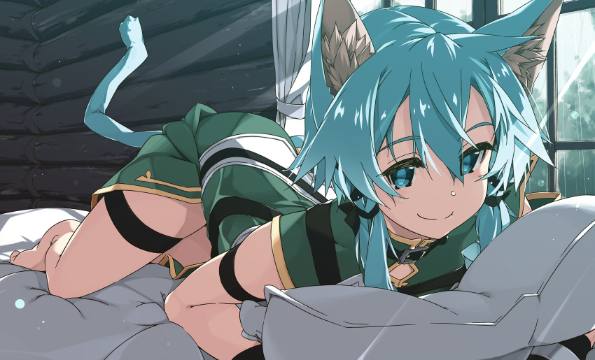 1girl animal_ears bangs barefoot blue_eyes blue_hair cat_ears cat_tail curtains dress green_dress green_hair hair_between_eyes hair_ribbon highres indoors looking_at_viewer lying on_bed on_stomach pillow ribbon shikei shiny shiny_hair short_hair_with_long_locks short_sleeves sinon_(sao-alo) smile solo sword_art_online tail thigh_strap window