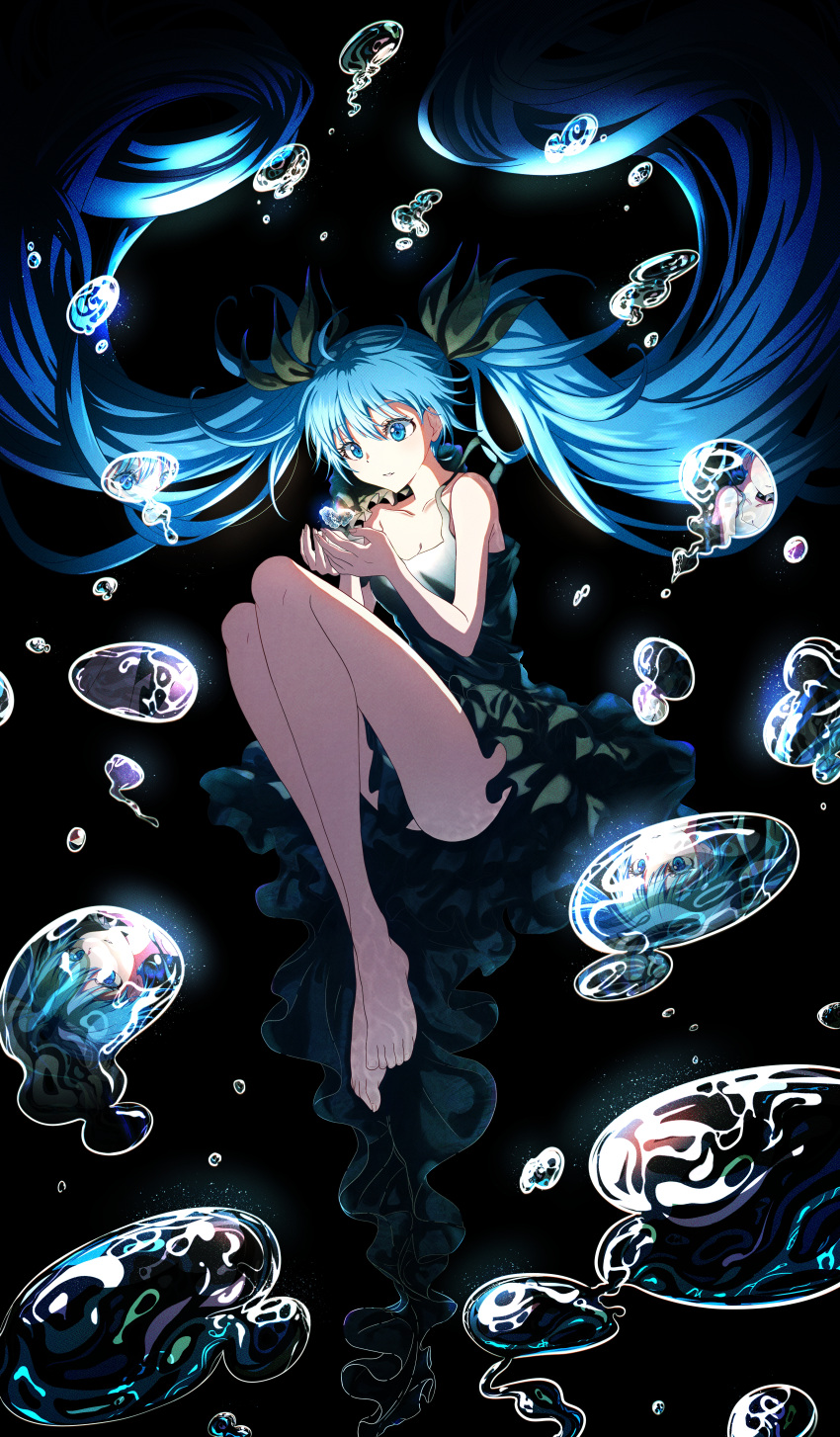 1girl absurdres bangs black_bow black_dress blue_eyes blue_hair bow breasts cleavage dress frilled_dress frills hair_between_eyes hair_bow hatsune_miku highres itogari long_hair off_shoulder open_mouth shinkai_shoujo_(vocaloid) sleeveless sleeveless_dress twintails vocaloid