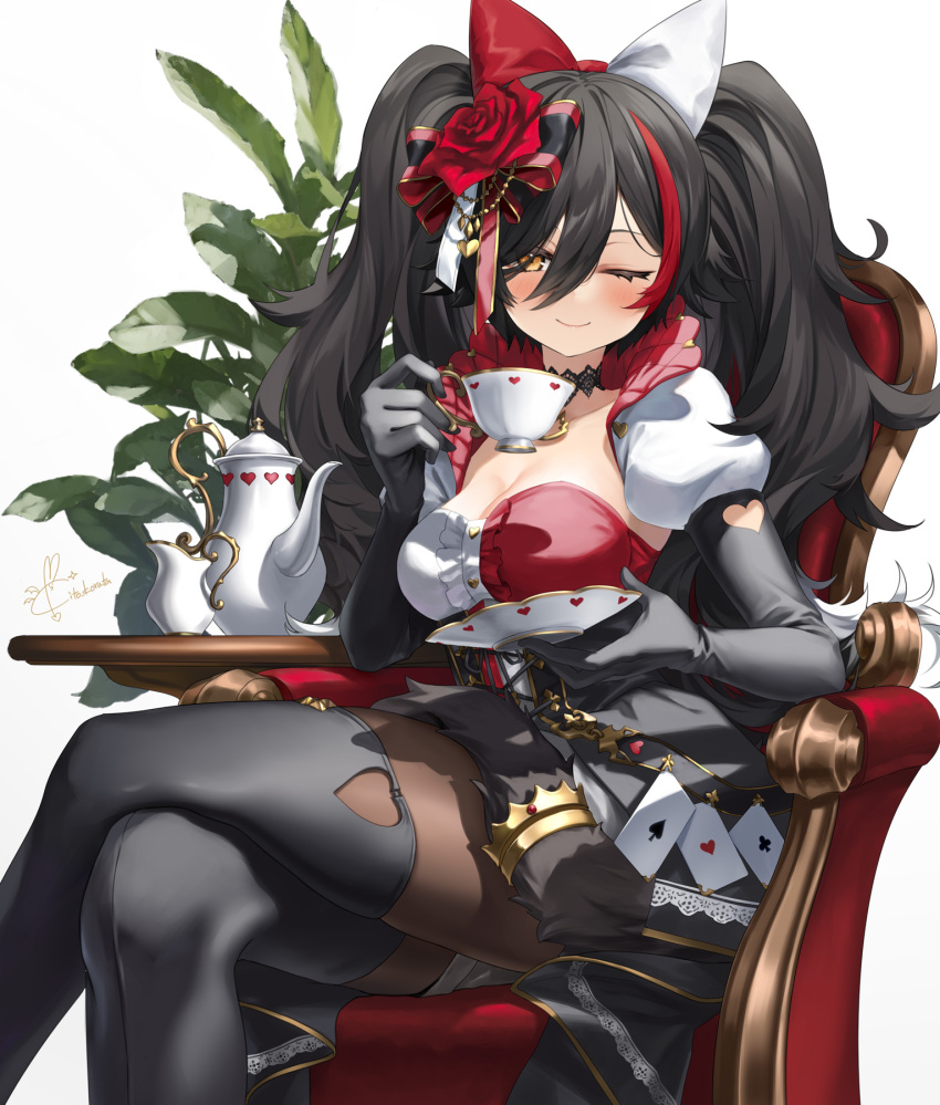 1girl ;) bangs black_choker black_gloves black_hair black_thighhighs blush bow brown_eyes card choker closed_mouth crossed_legs cup elbow_gloves feet_out_of_frame flower gloves hair_between_eyes hair_bow hair_flower hair_ornament highres hololive kito_koruta long_hair one_eye_closed ookami_mio pantyhose plant playing_card puffy_short_sleeves puffy_sleeves red_flower red_hair red_rose rose short_sleeves simple_background sitting smile solo tail tea_set teacup teapot thighhighs twintails virtual_youtuber white_background wolf_tail