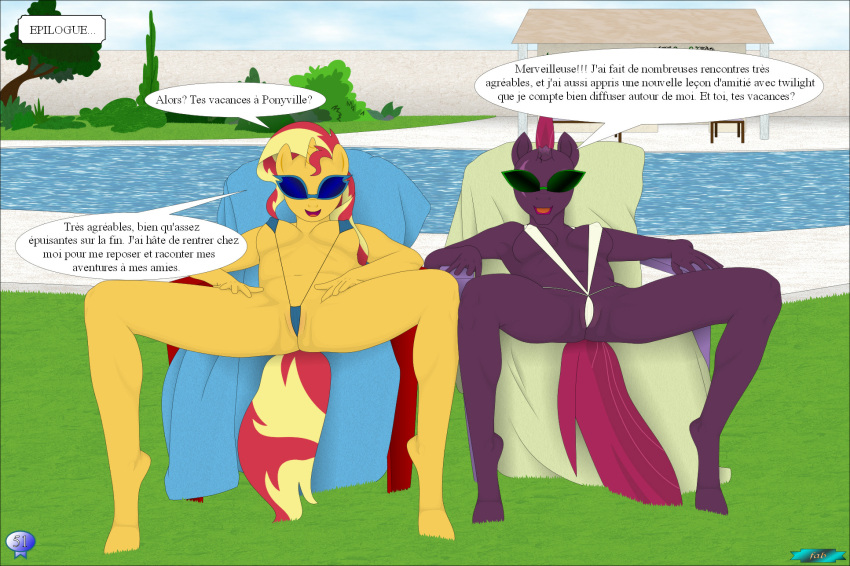 anthro bikini breasts clothing duo equestria_girls equid equine fab3716 female french_text friendship_is_magic genitals hasbro hi_res horn mammal my_little_pony my_little_pony:_the_movie_(2017) nude pussy sunset_shimmer_(eg) swimming_pool swimwear tempest_shadow_(mlp) text unicorn