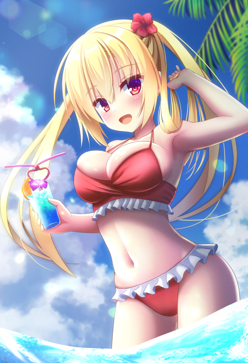 1girl arihara_nanami bangs belly bikini blonde_hair blush breasts cloud cocktail_glass comiket_100 cropped_legs cup drink drinking_glass eyebrows_hidden_by_hair flower frilled_bikini frills hair_between_eyes hair_flower hair_ornament hair_over_shoulder hand_in_own_hair happy highres holding holding_cup large_breasts long_hair nanatsuki_akito navel ocean open_mouth palm_tree red_bikini red_eyes red_flower riddle_joker sidelocks sky smile solo standing sunlight swimsuit thighs tree twintails yuzu-soft