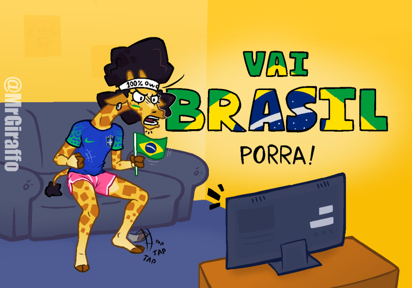 afro anthro bandanna blue_clothing brazil brazilian brazilian_flag clothed clothing detailed_background fingers floppy_ears furniture giraffe giraffid headgear headwear hooved_fingers hooves horn kerchief male mammal mrgiraffo onomatopoeia ossicone piercing pink_clothing screaming sofa solo sound_effects spots spotted_body tail_tuft television text text_on_clothing text_on_headwear tuft world_cup yellow_body