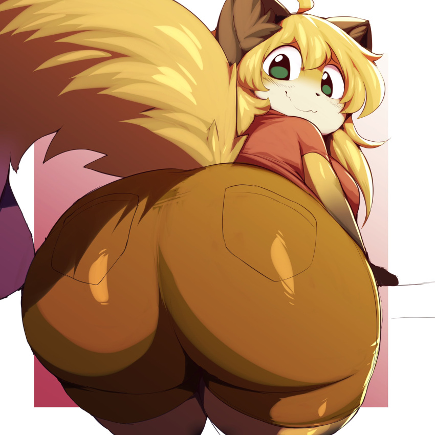 anthro big_butt blonde_hair bottomwear breasts butt clothing domestic_cat felid feline felis female green_eyes hair hi_res huge_butt looking_at_viewer looking_back mammal shirt shorts smile solo thick_thighs topwear trinity-fate62 wide_hips yellow_body