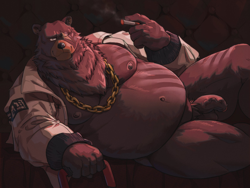 2022 5_fingers absurd_res anthro balls ben_(zenless_zone_zero) bottomless bottomless_anthro bottomless_male cigarette clothed clothing eruprior eye_scar facial_scar fingers fur genitals gold_chain hi_res jacket looking_at_viewer male mammal mihoyo moobs overweight overweight_male penis scar sitting smoking topwear ursid video_games zenless_zone_zero