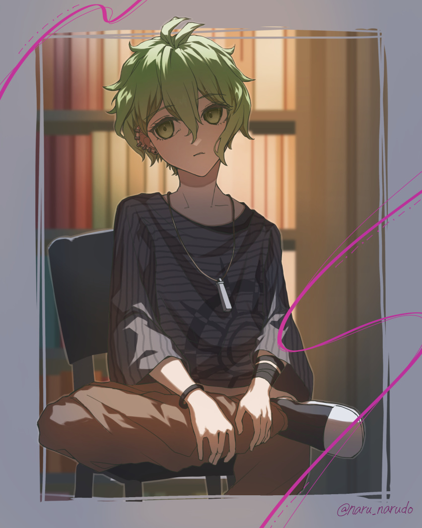 1boy absurdres amami_rantarou artist_name bangs black_footwear bookshelf bracelet brown_pants collarbone danganronpa_(series) danganronpa_v3:_killing_harmony ear_piercing earrings foot_up green_eyes green_hair hair_between_eyes highres jewelry long_sleeves looking_at_viewer male_focus narudo_(urhv8357) necklace necktie pants piercing shiny shiny_hair shirt shoes short_hair sitting smile striped striped_shirt