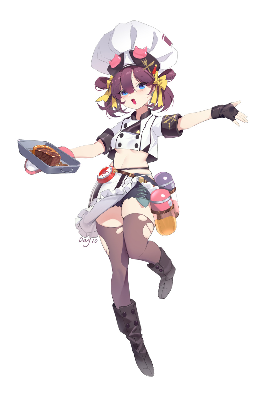 1girl 7an.zi absurdres apron arms_up asymmetrical_gloves bangs belt black_footwear black_gloves blue_eyes blue_shorts blush boots bow breasts buttons chef chef_hat crop_top earrings english_text fang fingerless_gloves food frilled_apron frills full_body gauge gloves hair_between_eyes hair_bow hair_ribbon hair_rings happy hat highres holding holding_tray jewelry knees_together_feet_apart leg_up light_blush looking_at_viewer meat midriff mismatched_gloves navel open_mouth original outstretched_arms oven_mitts pink_gloves purple_hair purple_thighhighs ribbon shirt short_hair short_shorts short_sleeves shorts sidelocks simple_background skin_fang skindentation small_breasts smile solo standing standing_on_one_leg stomach thighhighs thighs torn_clothes torn_thighhighs tray twintails underboob waist_apron white_apron white_background white_headwear white_shirt yellow_bow yellow_ribbon