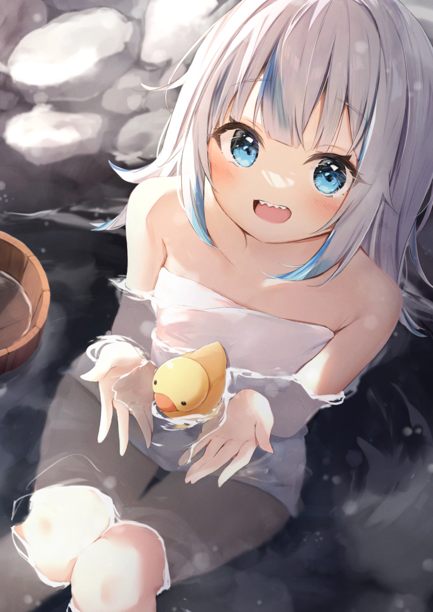 1girl :d bangs bathing blue_eyes blunt_bangs breasts bucket colored_tips english_commentary gawr_gura highres hololive hololive_english looking_at_viewer medium_hair multicolored_hair naked_towel onsen open_mouth outdoors partially_submerged rubber_duck seboneko sharp_teeth small_breasts smile solo stone streaked_hair tareme teeth towel virtual_youtuber white_hair wooden_bucket