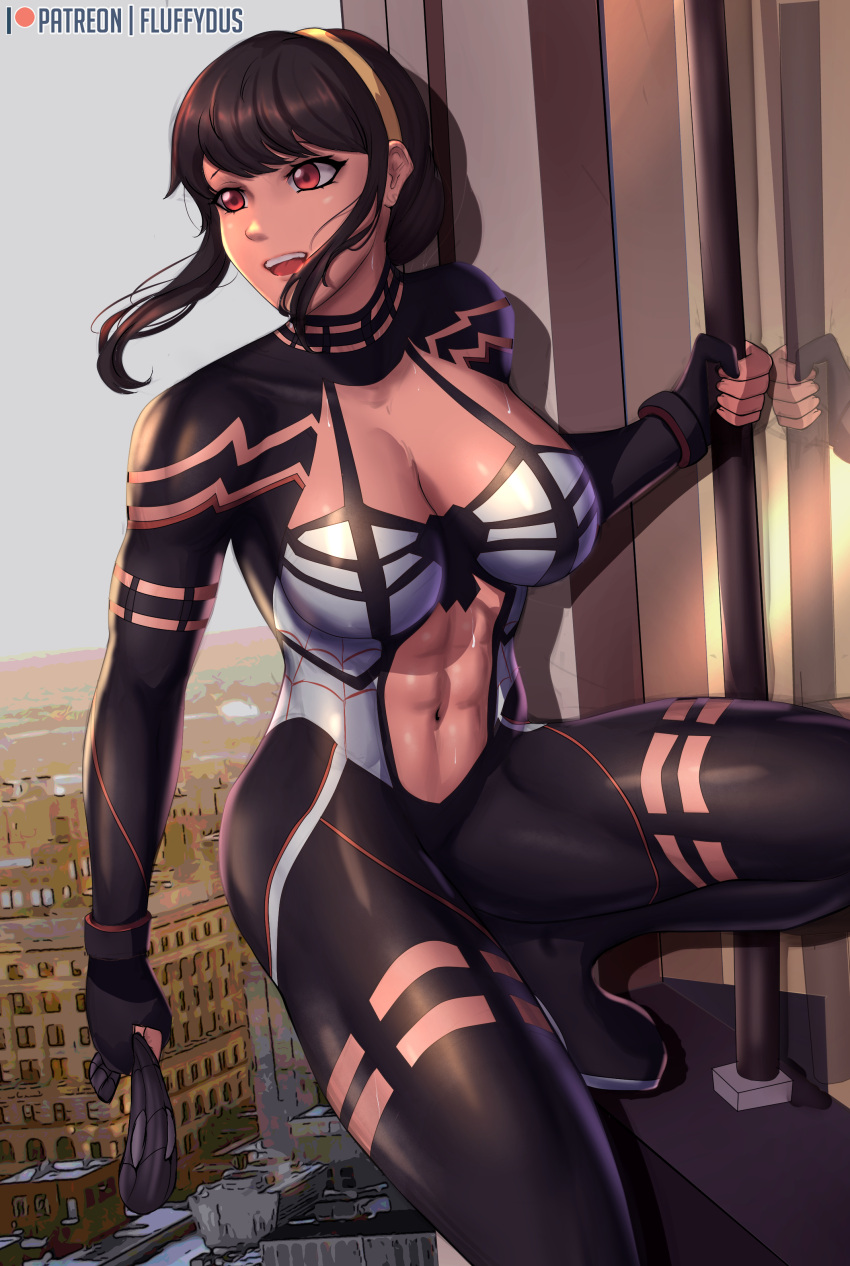 1girl abs absurdres bangs black_bodysuit black_gloves black_hair bodysuit breasts cityscape cleavage_cutout clothing_cutout cosplay facing_to_the_side fluffydus gloves hair_bun hanging_on highres holding holding_mask large_breasts marvel mask mixed-language_commentary muscular muscular_female navel_cutout open_mouth outdoors partially_fingerless_gloves patreon_username red_eyes reflection short_hair_with_long_locks sky smile solo spider-man spider-man_(cosplay) spider-man_(series) spy_x_family teeth two-tone_bodysuit upper_teeth white_bodysuit window yor_briar