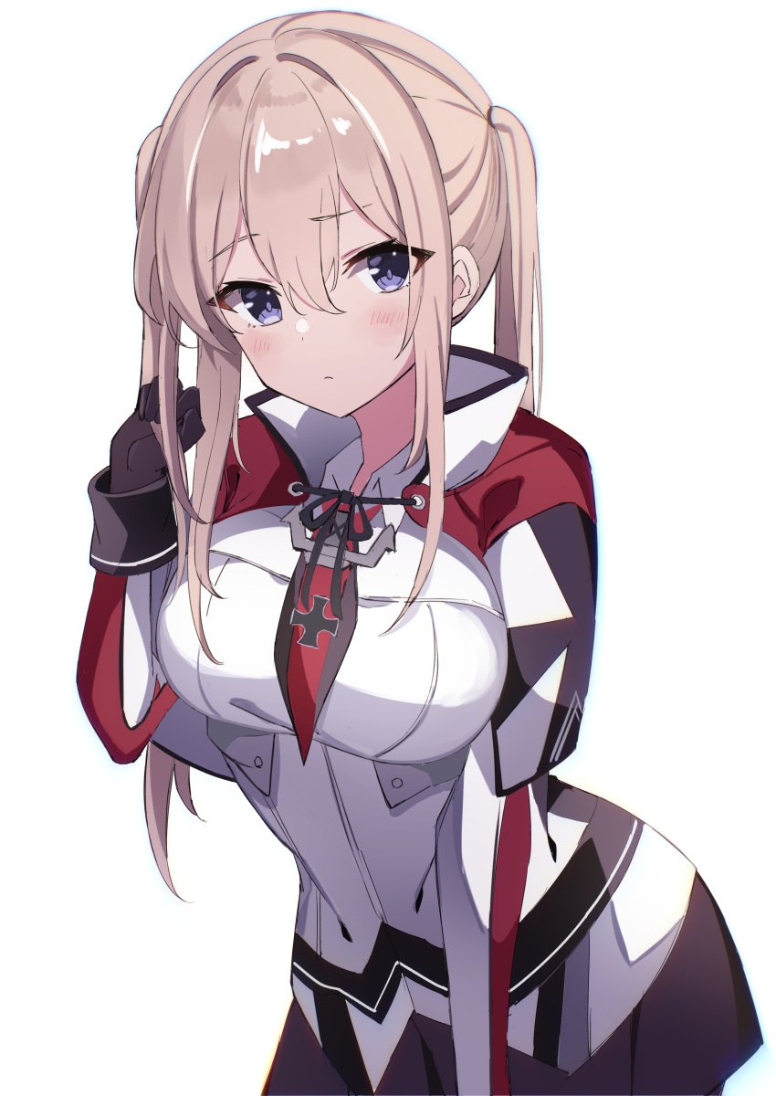 1girl absurdres adjusting_hair bangs black_necktie black_skirt blonde_hair breasts capelet closed_mouth fathom graf_zeppelin_(kancolle) grey_eyes hair_between_eyes hand_up highres impossible_clothes jacket kantai_collection large_breasts light_blush long_bangs long_hair looking_at_viewer military military_uniform necktie no_headwear red_necktie skirt solo tsurime twintails two-tone_necktie uniform white_background white_jacket