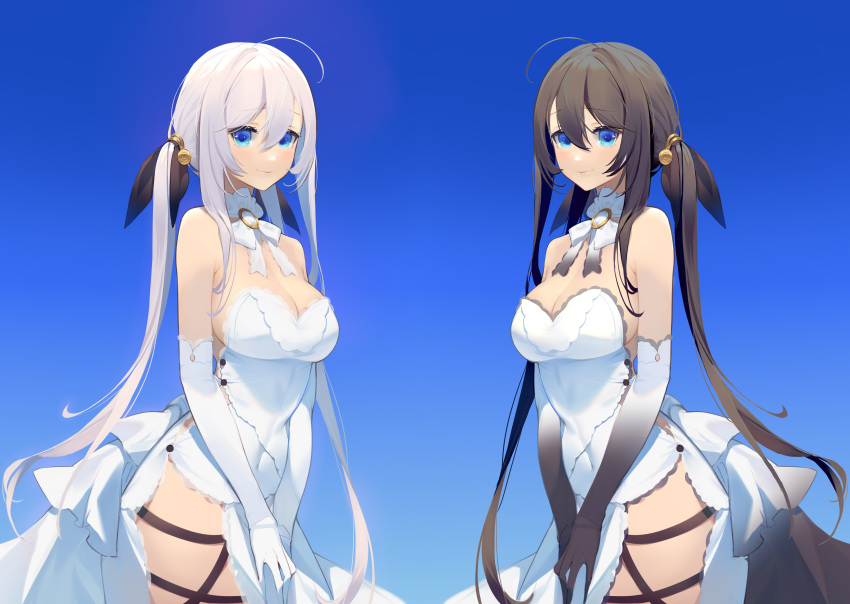 2girls 7an.zi absurdres ahoge bangs bare_shoulders black_gloves black_hair black_ribbon blue_background blue_eyes blush bow bowtie breasts cleavage closed_mouth commentary cowboy_shot dress elbow_gloves gloves gradient gradient_background hair_between_eyes hair_ribbon happy highres large_breasts light_blush long_hair looking_at_viewer multiple_girls original own_hands_together raised_eyebrows ribbon siblings sidelocks simple_background sisters smile standing strapless strapless_dress symbol-only_commentary symmetry thigh_strap thighs twins twintails v_arms very_long_hair white_bow white_bowtie white_dress white_gloves white_hair