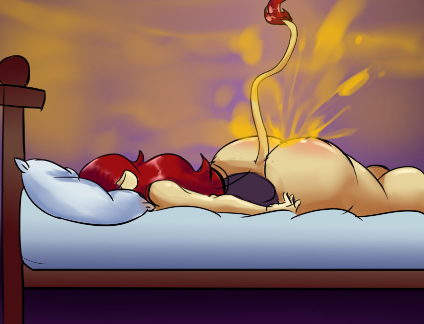 anthro bed big_butt blossonflower bottomless butt clothed clothing fart fart_cloud felid female furniture gas gassy hair hi_res humanoid_hands lion lying mammal mattress on_front pantherine pillow raised_tail rear_view red_hair solo thick_thighs