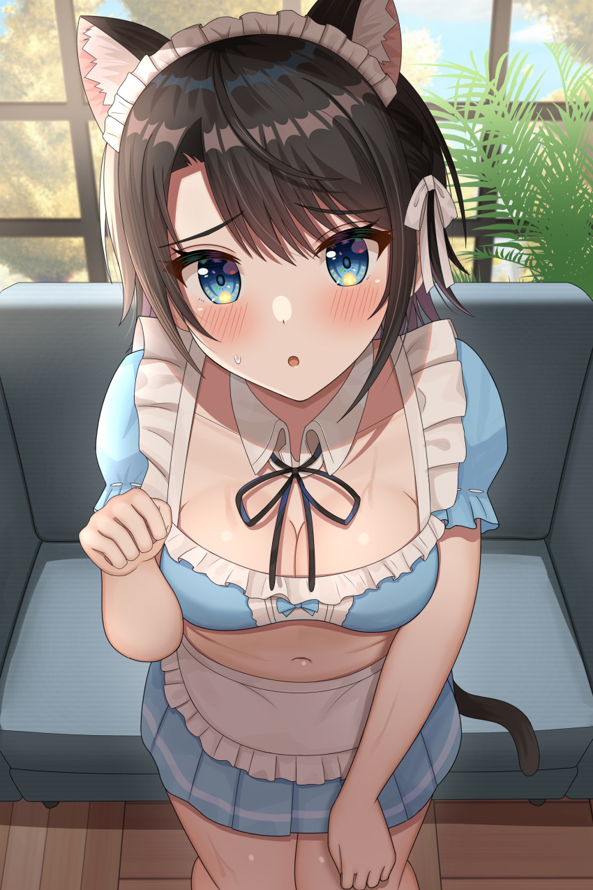 1girl :o absurdres alternate_costume animal_ears aqua_eyes bangs blush breasts brown_hair cat_ears cat_tail cleavage couch cowboy_shot crop_top enmaided frills from_above highres hisui_(user_zvkr2432) hololive indoors kemonomimi_mode looking_at_viewer maid maid_headdress medium_breasts midriff miniskirt navel oozora_subaru open_mouth paw_pose puffy_short_sleeves puffy_sleeves short_hair short_sleeves sidelocks skirt square_neckline swept_bangs tail virtual_youtuber window