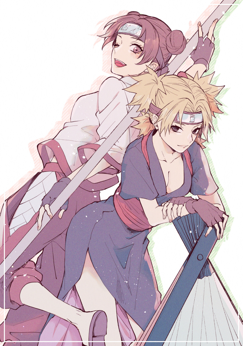 2girls ;d black_eyes blonde_hair breasts brown_eyes brown_hair cleavage closed_mouth collarbone double_bun fingerless_gloves framed gloves grey_kimono hair_bun headband highres holding holding_polearm holding_weapon japanese_clothes kimono looking_at_viewer medium_breasts multiple_girls naruto_(series) naruto_shippuuden one_eye_closed open_mouth polearm short_hair short_sleeves side_slit simple_background smile suzu_(tg_390) temari_(naruto) tenten_(naruto) two_side_up weapon white_background