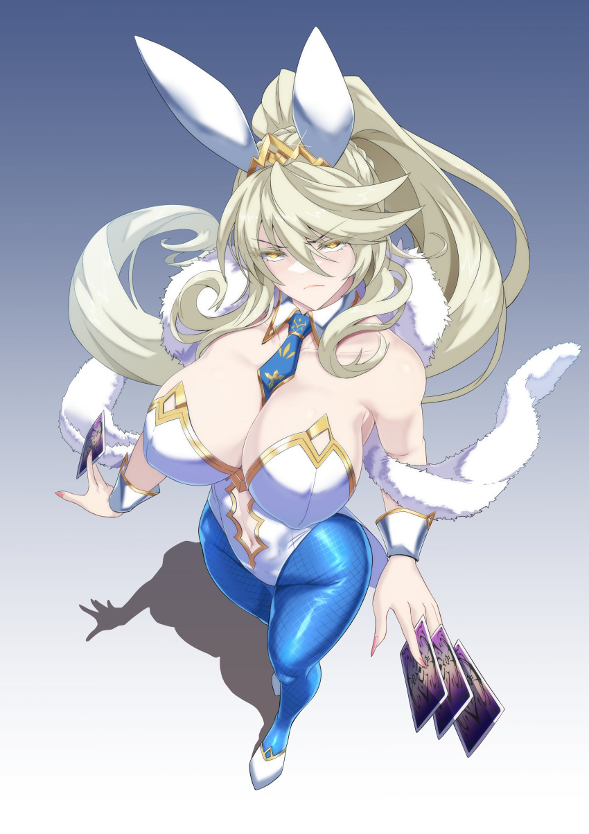 1girl absurdres artoria_pendragon_(fate) artoria_pendragon_(lancer_alter)_(fate) artoria_pendragon_(swimsuit_ruler)_(fate) bangs bare_shoulders blonde_hair blue_pantyhose breasts cleavage clothing_cutout collarbone cosplay fate/grand_order fate_(series) feather_boa highres large_breasts leotard long_hair looking_at_viewer navel navel_cutout pantyhose ponytail solo torahime_(roland00) white_leotard yellow_eyes