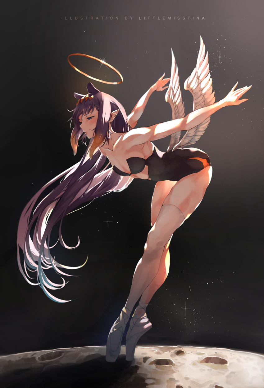 1girl absurdres ballerina ballet_slippers bare_shoulders blue_eyes en_pointe feathered_wings gradient_hair halo highres hololive hololive_english littlemisstina long_hair low_wings multicolored_hair ninomae_ina'nis orange_hair pointy_ears purple_hair sidelocks single_thighhigh solo tentacle_hair thighhighs very_long_hair virtual_youtuber white_wings wings