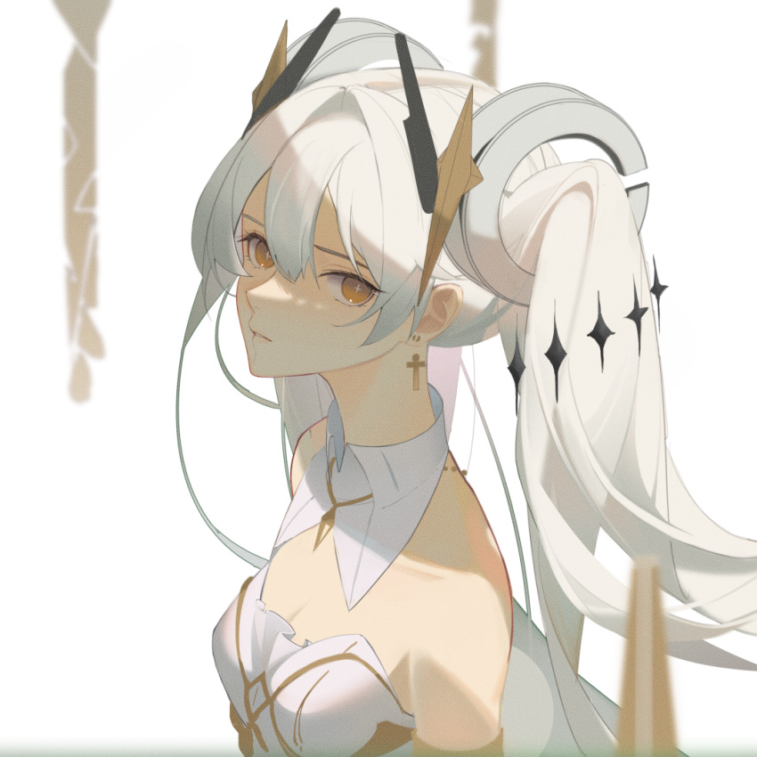 1girl armlet bare_shoulders cross cross-shaped_pupils cross_earrings detached_sleeves dress earrings floating floating_hair_ornament floating_object hair_between_eyes jewelry jijing_zishui long_hair long_neck looking_at_viewer luna_(punishing:_gray_raven) punishing:_gray_raven symbol-shaped_pupils twintails white_background white_dress white_hair yellow_eyes