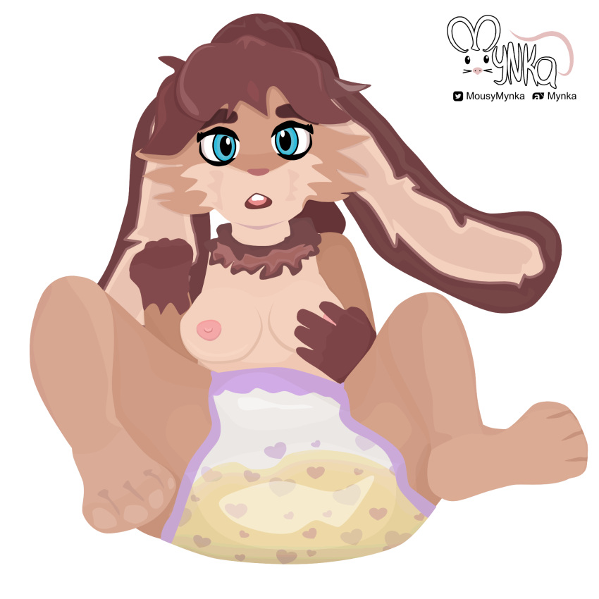 ambiguous_gender anthro areola bodily_fluids breast_grab breasts brown_body brown_fur brown_hair clothed clothing diaper digital_media_(artwork) fur genital_fluids hair hand_on_breast hi_res infantilism lagomorph lepi leporid looking_at_viewer lop_(star_wars_visions) mammal mynka nipples open_mouth rabbit simple_background solo spread_legs spreading star_wars star_wars_visions urine wearing_diaper wet_diaper wetting white_diaper
