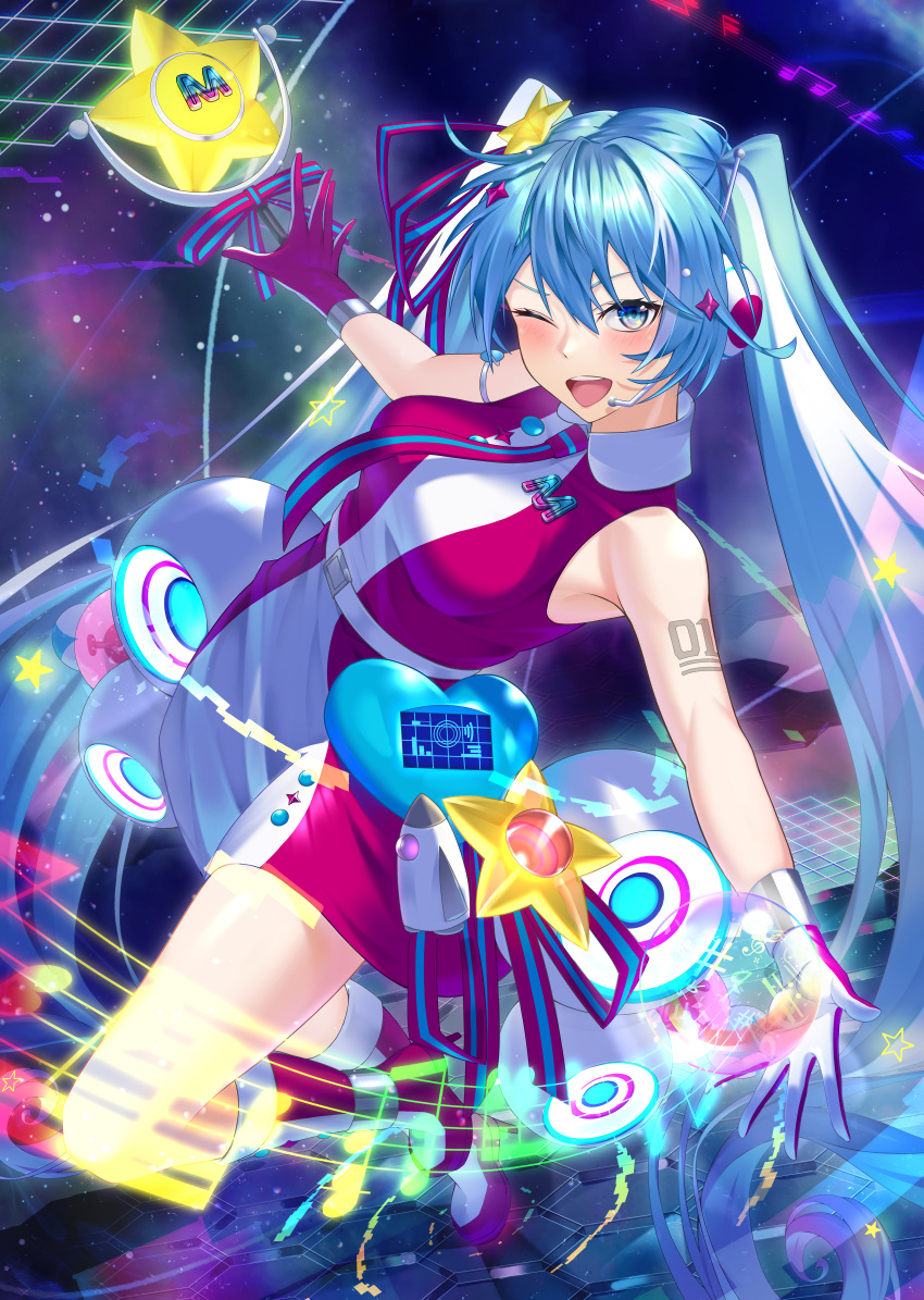 1girl ;d absurdres apple_t_(ringotyasan) arm_tattoo blue_eyes blush dress floating_hair gloves hair_ornament hatsune_miku headphones highres long_hair magical_mirai_(vocaloid) magical_mirai_miku magical_mirai_miku_(2022) necktie number_tattoo one_eye_closed open_mouth red_gloves shiny shiny_hair short_dress sleeveless sleeveless_dress smile solo star_(symbol) star_hair_ornament tattoo twintails two-tone_gloves very_long_hair vocaloid white_gloves