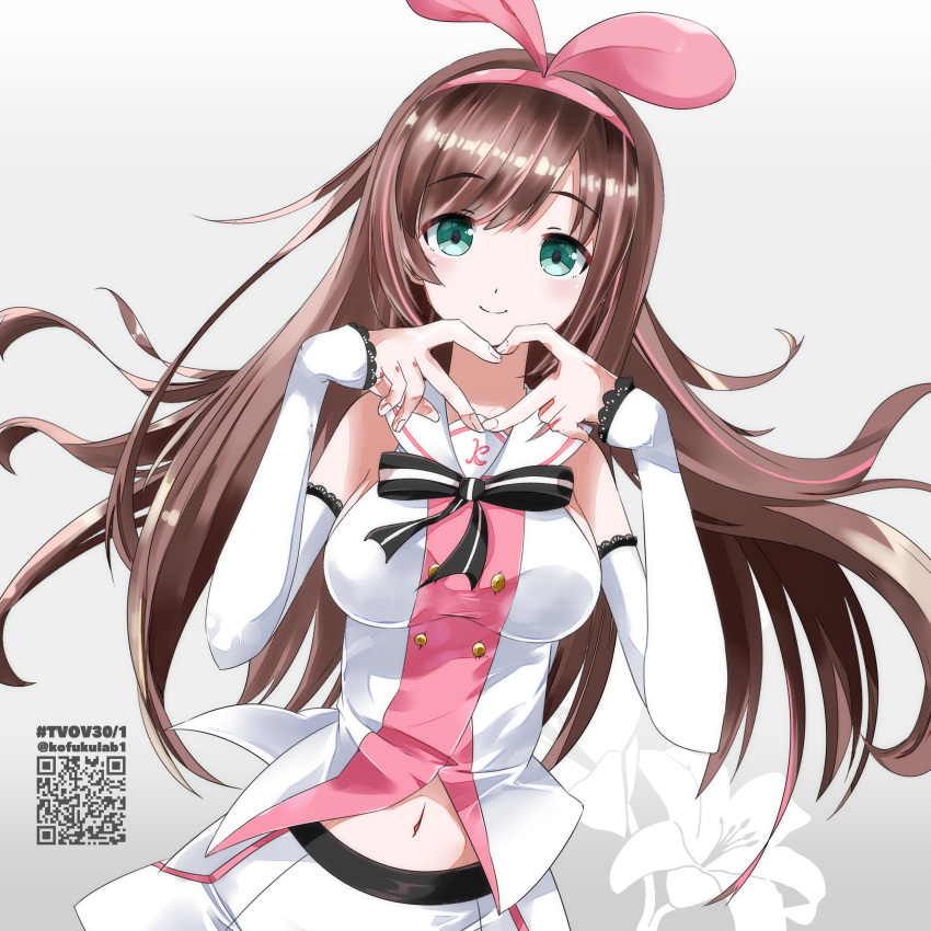 1girl absurdres black_bow blush bow breasts brown_hair closed_mouth commentary_request detached_sleeves floral_background green_eyes grey_background hair_ribbon hairband hands_up heart heart_hands highres kizuna_ai kizuna_ai_inc. long_hair long_sleeves looking_at_viewer medium_breasts pink_hairband pink_ribbon pleated_skirt qr_code ribbon shirt simple_background skirt sleeveless sleeveless_shirt sleeves_past_wrists smile solo striped striped_bow twitter_username very_long_hair virtual_youtuber white_shirt white_skirt white_sleeves yamaguchi_shinnosuke