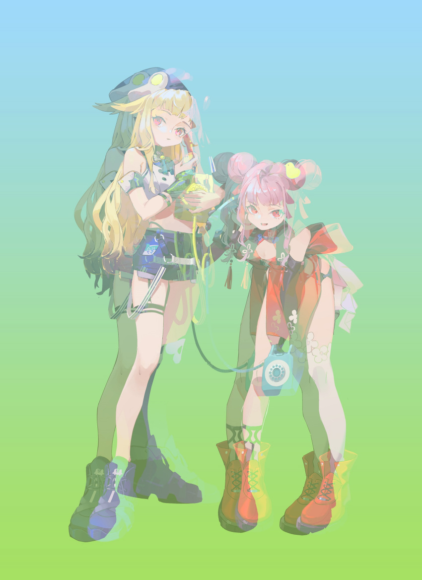 2girls :d absurdres ankle_boots black_headwear black_skirt black_thighhighs blonde_hair boots closed_mouth double_bun dress gradient_hair hair_bun hair_flaps hair_ornament hands_up hat highres himehina_channel holding leaning_forward long_hair looking_at_viewer miniskirt multicolored_hair multiple_girls nekohara_peninsula parted_lips pelvic_curtain pink_hair red_dress red_eyes red_footwear single_thighhigh skirt smile suzuki_hina tanaka_hime thighhighs very_long_hair white_thighhighs