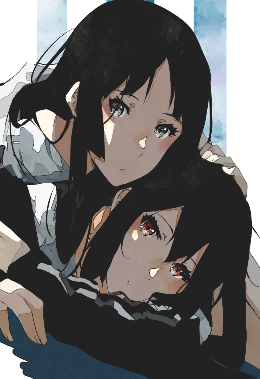 2girls akiyama_mio bangs black_hair closed_mouth commentary_request grey_eyes hand_on_another's_head highres k-on! kataru_(ubw-emiya) long_hair looking_at_viewer lying multiple_girls nakano_azusa on_stomach red_eyes sidelocks twintails