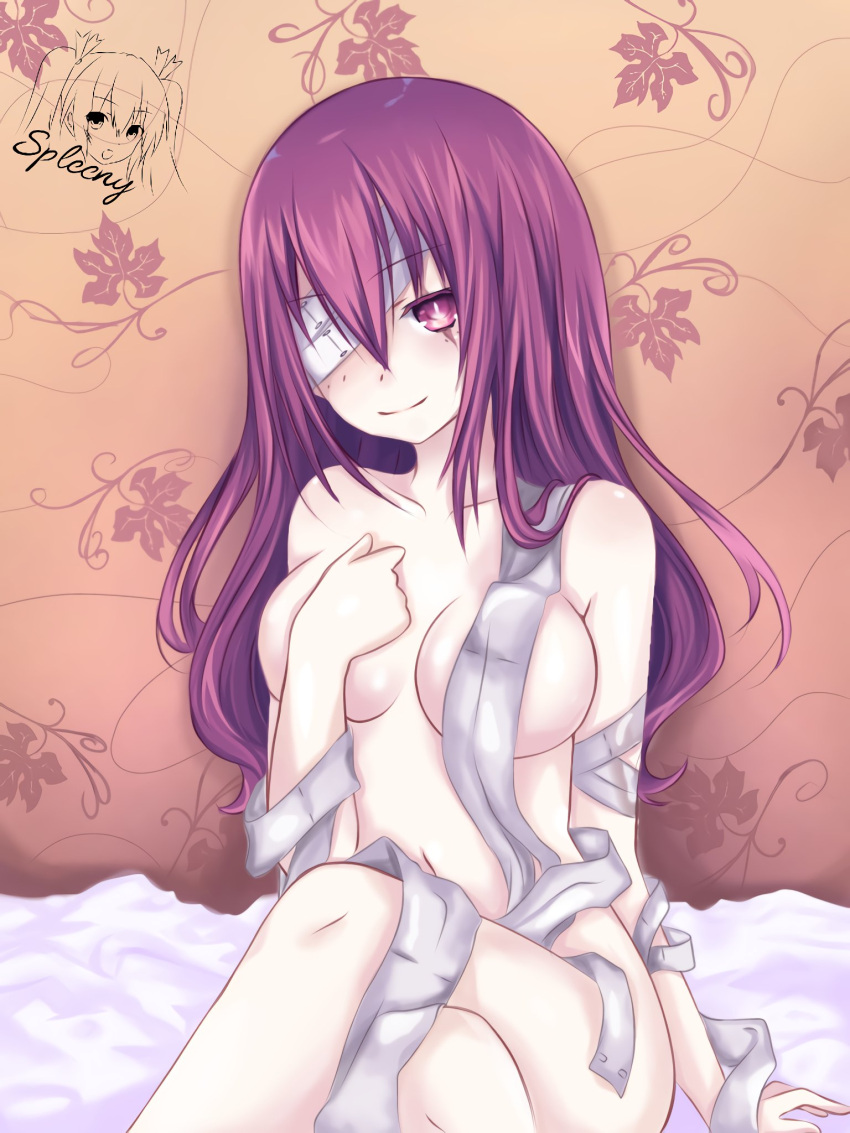 1girl bandages breasts closed_mouth convenient_censoring crossed_legs date_a_live eyepatch hair_between_eyes hand_on_own_chest highres long_hair looking_at_viewer medium_breasts naked_bandage purple_eyes purple_hair ren_(date_a_live) signature sitting smile solo spleeny