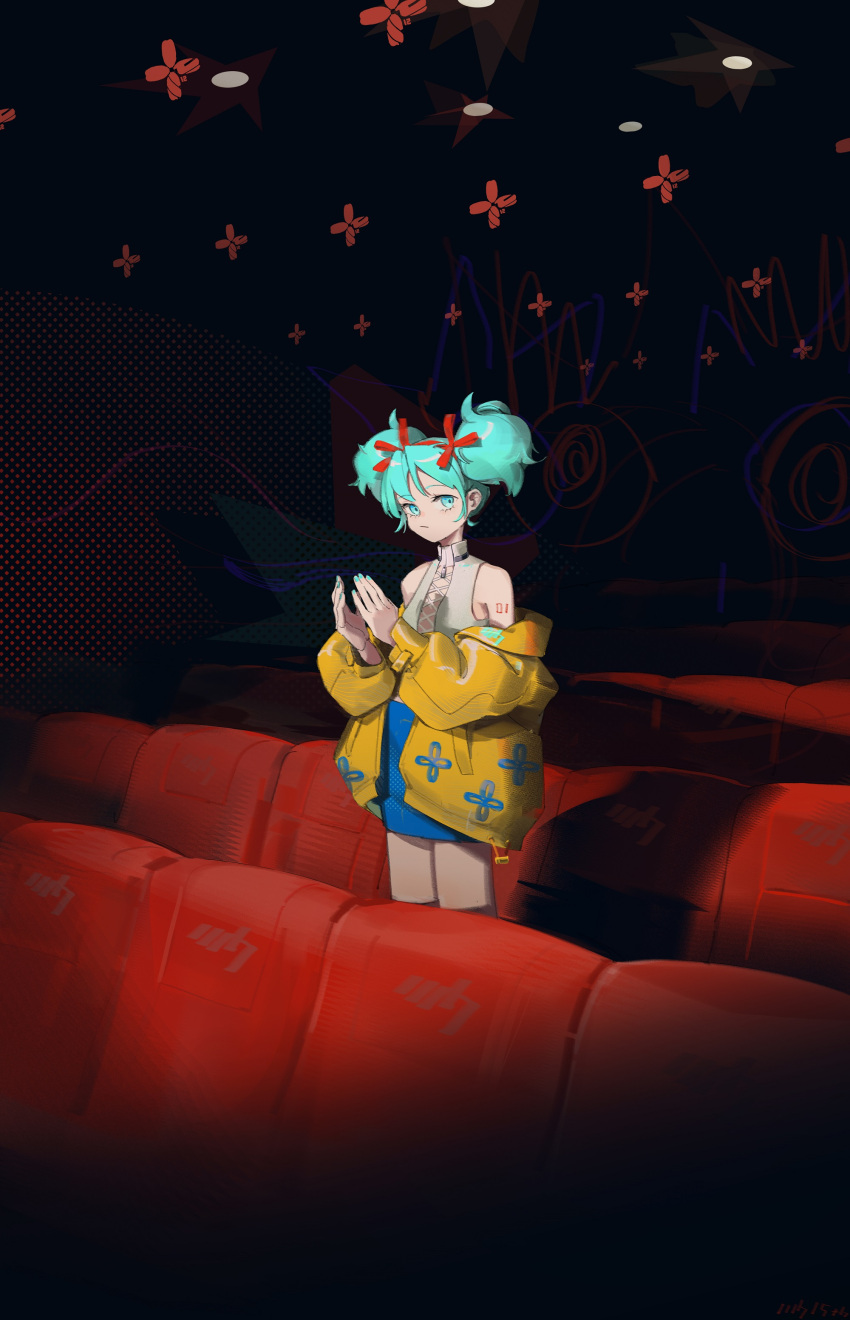 1girl absurdres bare_shoulders blue_eyes blue_hair blue_skirt chinese_commentary clapping closed_mouth coat commentary double_bun hair_bun hair_ornament hatsune_miku highres indoors long_sleeves looking_at_viewer miniskirt nekohara_peninsula off_shoulder seat short_hair skirt solo standing theater vocaloid yellow_coat