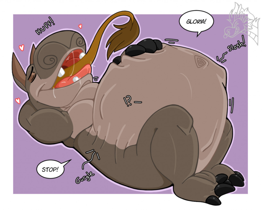 abdominal_bulge anthro artistawesome bodily_fluids common_hippopotamus dreamworks english_text female gloria_the_hippopotamus hippopotamid madagascar_(series) mammal navel open_mouth rumbling_stomach saliva solo text vore