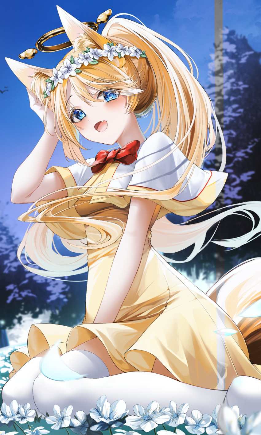 1girl absurdres blonde_hair blue_eyes bow bowtie breasts dress fang flower_bed fox_girl from_behind halo head_wreath highres kuro_(rudyan0128) looking_at_viewer on_ground open_mouth original ponytail red_bow red_bowtie sitting small_breasts smile solo tail thighhighs wariza white_thighhighs yellow_dress