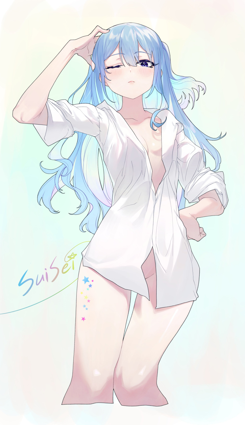 1girl absurdres blue_eyes blue_hair breasts closed_mouth collarbone collared_shirt highres hololive hoshimachi_suisei korogoro_(mago0057) leg_tattoo long_hair looking_at_viewer naked_shirt one_eye_closed partially_unbuttoned shirt small_breasts solo star_(symbol) star_in_eye symbol_in_eye tattoo virtual_youtuber