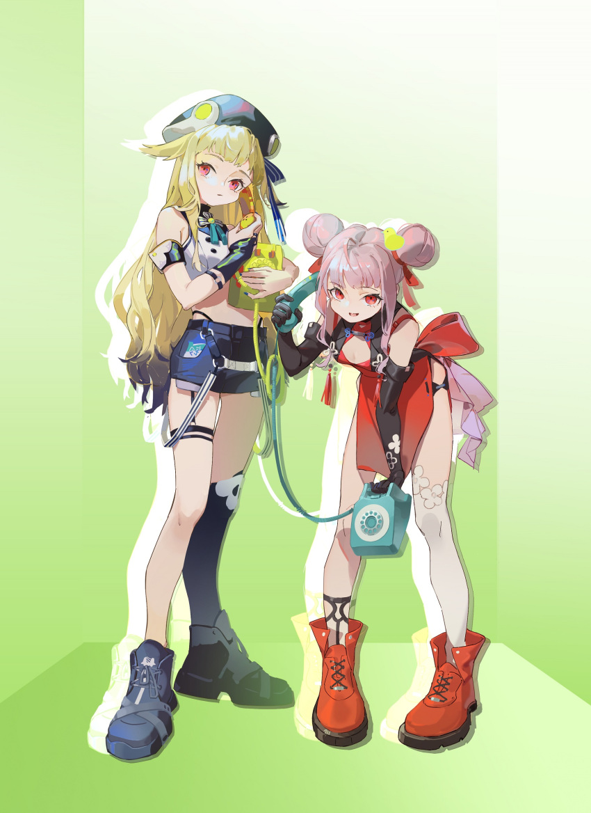 2girls :d absurdres ankle_boots black_headwear black_skirt black_thighhighs blonde_hair boots closed_mouth double_bun dress gradient_hair hair_bun hair_flaps hair_ornament hands_up hat highres himehina_channel holding leaning_forward long_hair looking_at_viewer miniskirt multicolored_hair multiple_girls nekohara_peninsula parted_lips pelvic_curtain pink_hair red_dress red_eyes red_footwear single_thighhigh skirt smile suzuki_hina tanaka_hime thighhighs very_long_hair white_thighhighs