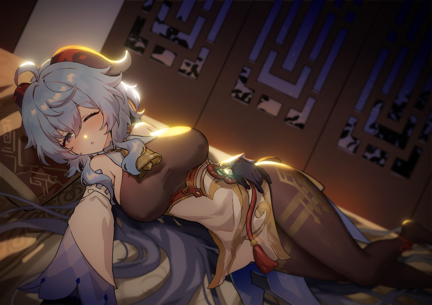 1girl ahoge bangs bare_shoulders bed bell blue_hair blush breasts brown_pantyhose bugie chinese_knot detached_sleeves flower_knot ganyu_(genshin_impact) genshin_impact gold_trim highres horns indoors large_breasts long_hair looking_at_viewer lying neck_bell on_side one_eye_closed pantyhose purple_eyes sidelocks solo tassel thighlet thighs variant_set vision_(genshin_impact) white_sleeves