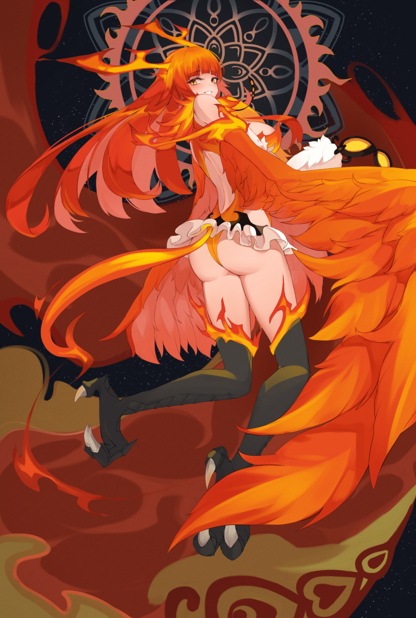 1girl animal_feet ass back_cutout bangs bare_arms bell_orgel blunt_bangs clothing_cutout commentary from_behind full_body harpy highres large_wings long_hair looking_at_viewer looking_back monster_girl monster_girl_encyclopedia orange_eyes orange_hair parted_lips phoenix_(monster_girl_encyclopedia) smile solo tail winged_arms wings